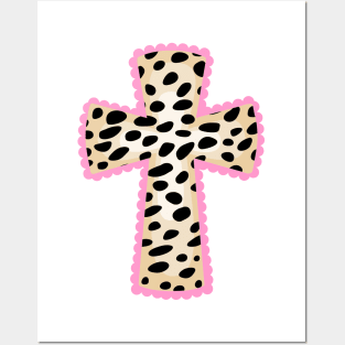 Cheetah Leopard Print Catholic Cross with Pink Lase Posters and Art